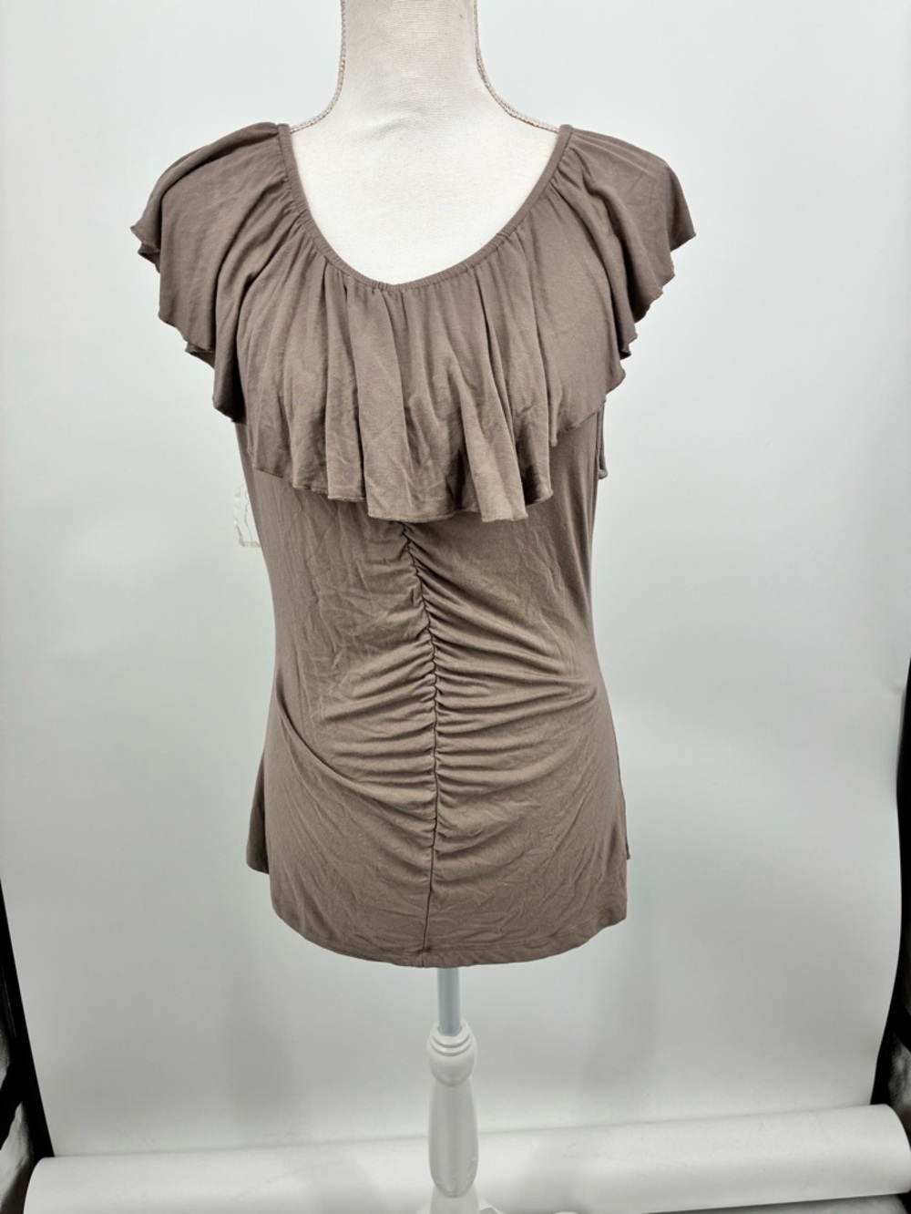 Kenar Taupe Ruffle Neck Ruched Top or off shoulder
